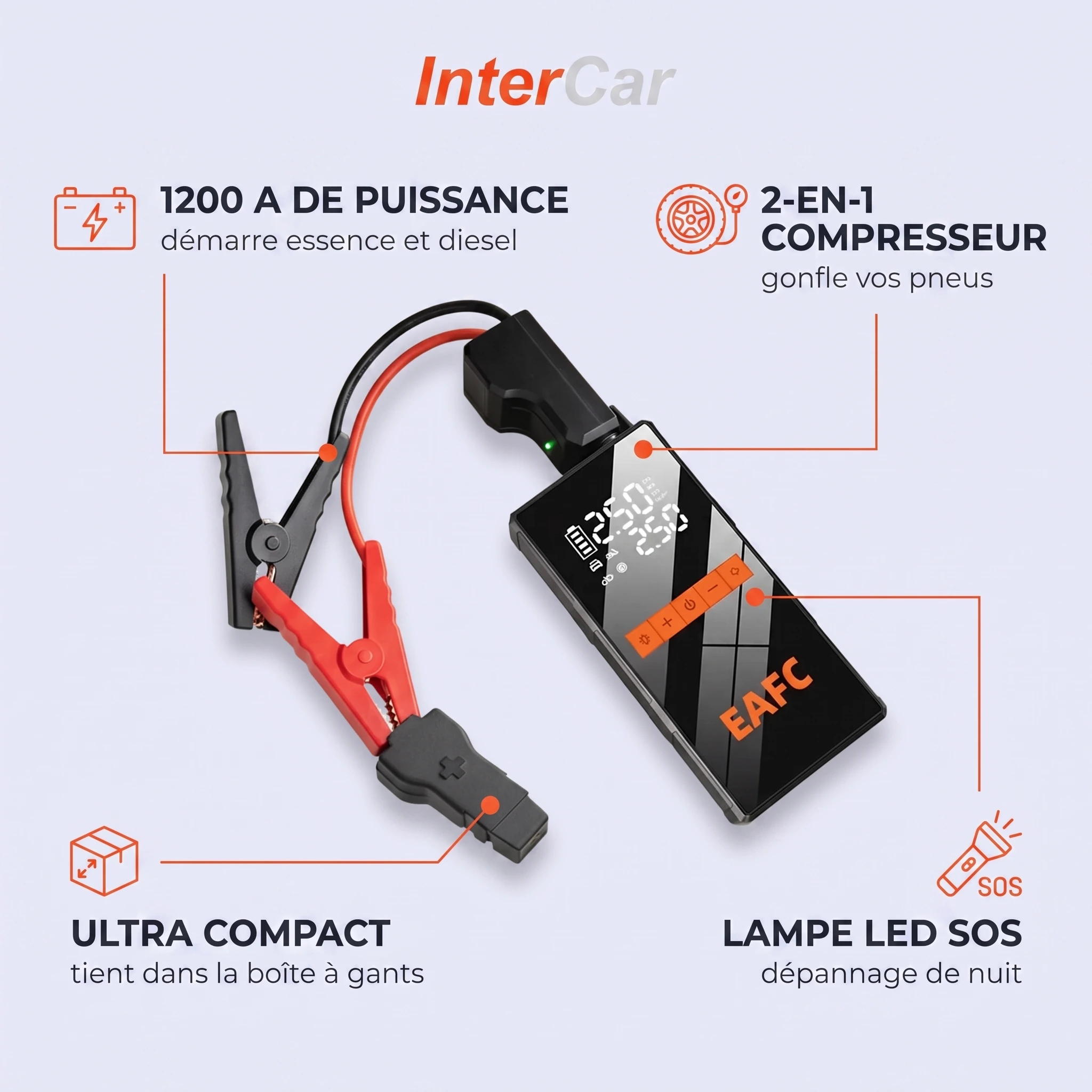 Booster batterie 1200A InterCar — démarreur + compresseur 2-en-1, lampe LED SOS