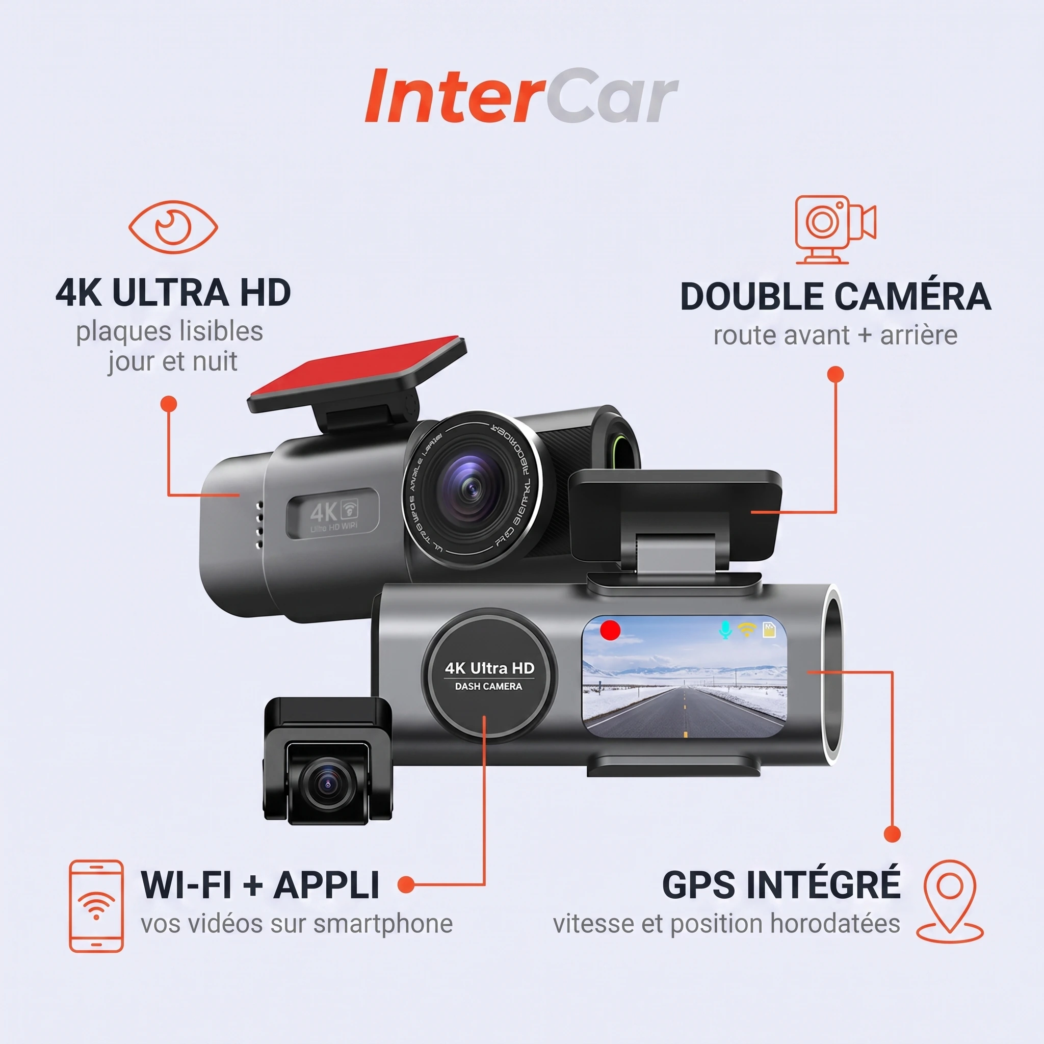 Dashcam 4K InterCar — 4K Ultra HD, double caméra avant/arrière, Wi-Fi et GPS intégré