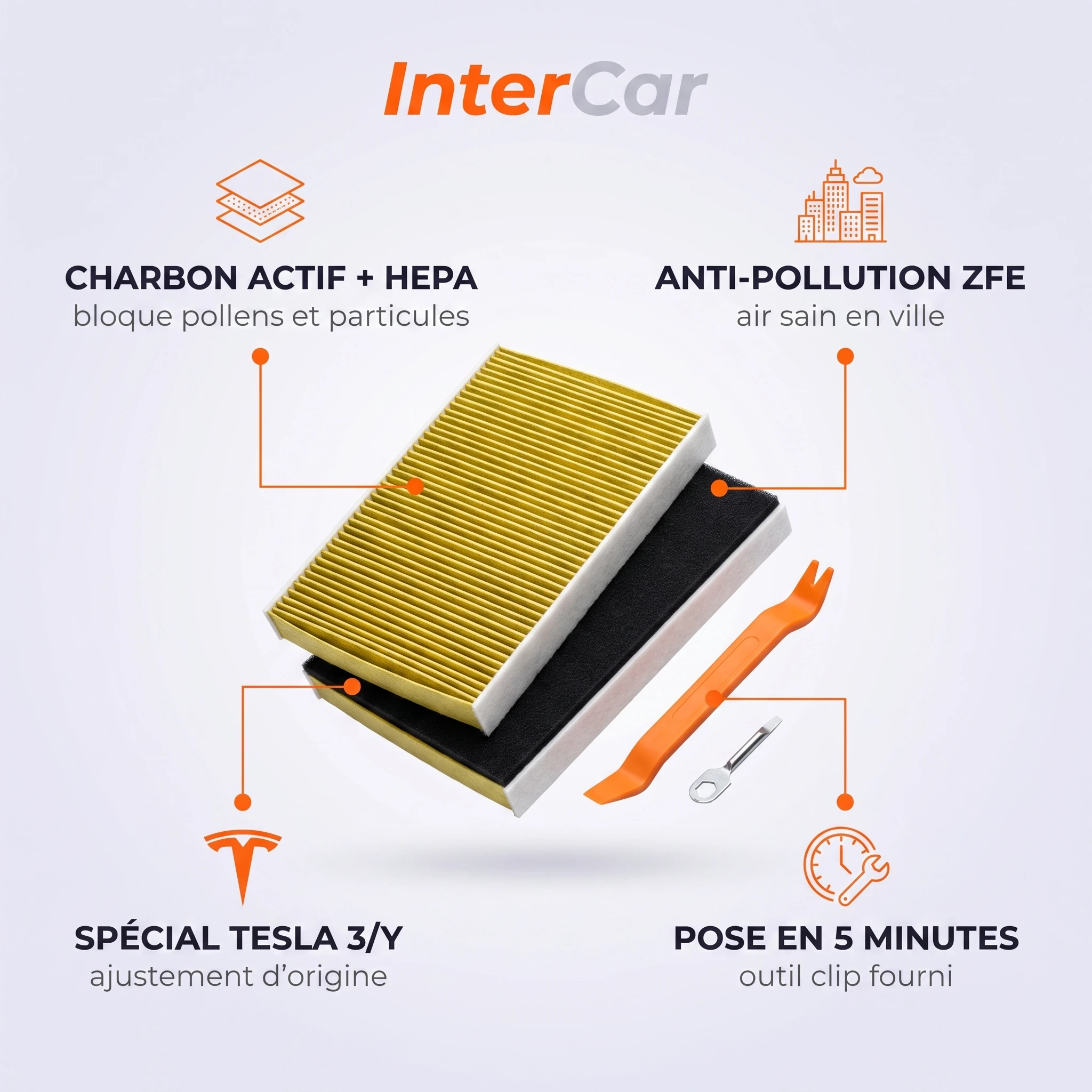Filtre habitacle Tesla Model 3/Y InterCar — charbon actif + HEPA, anti-pollution ZFE