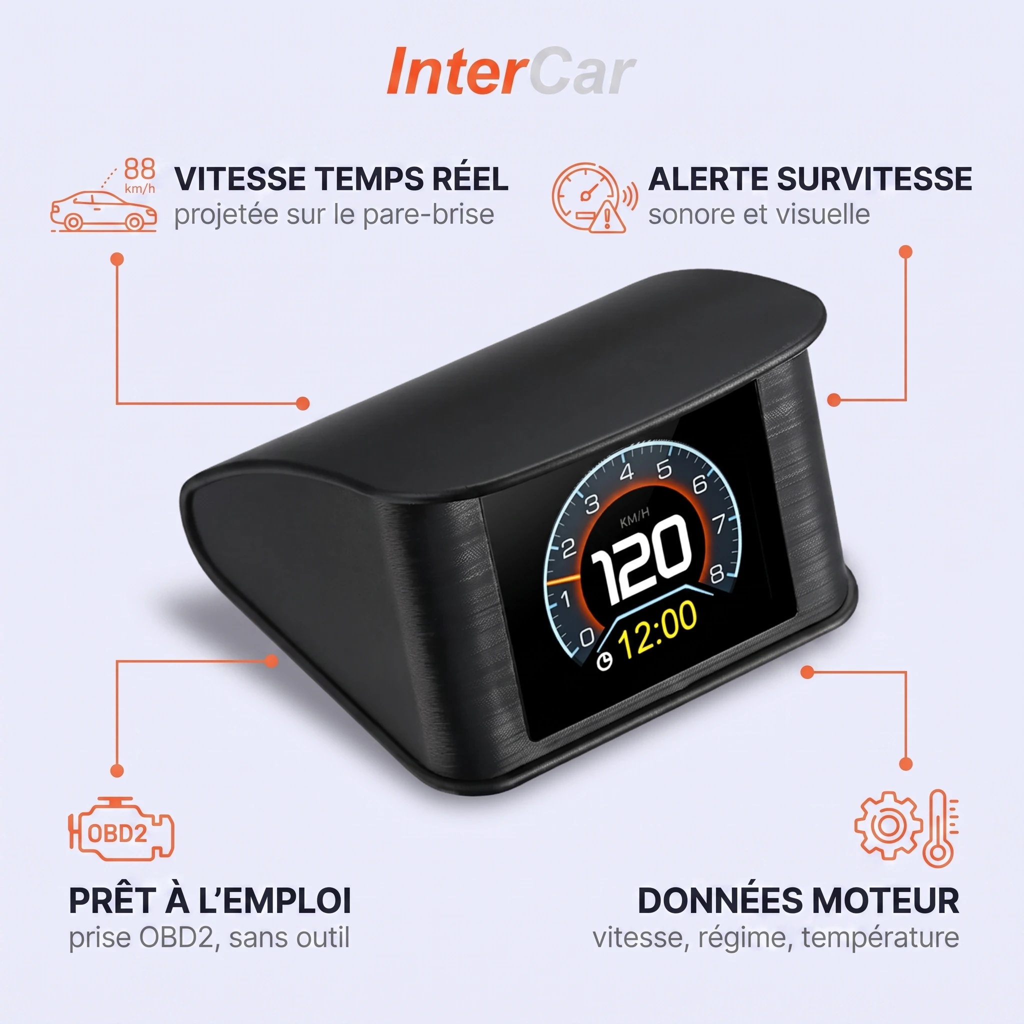 Afficheur tête haute HUD P10 Pro InterCar — vitesse temps réel, alerte survitesse, prise OBD2