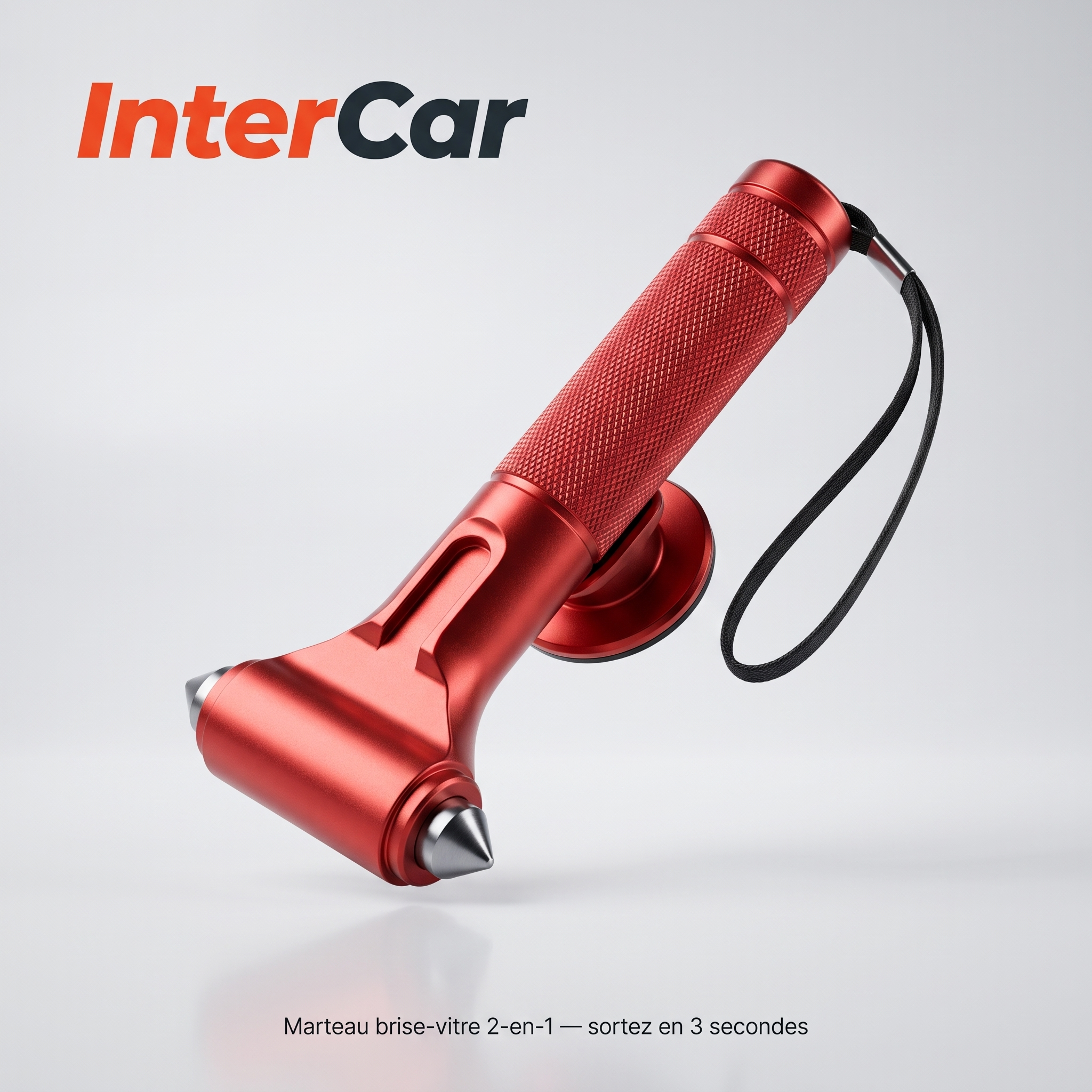 Marteau brise-vitre 2-en-1 InterCar rouge avec support rotatif — visuel principal