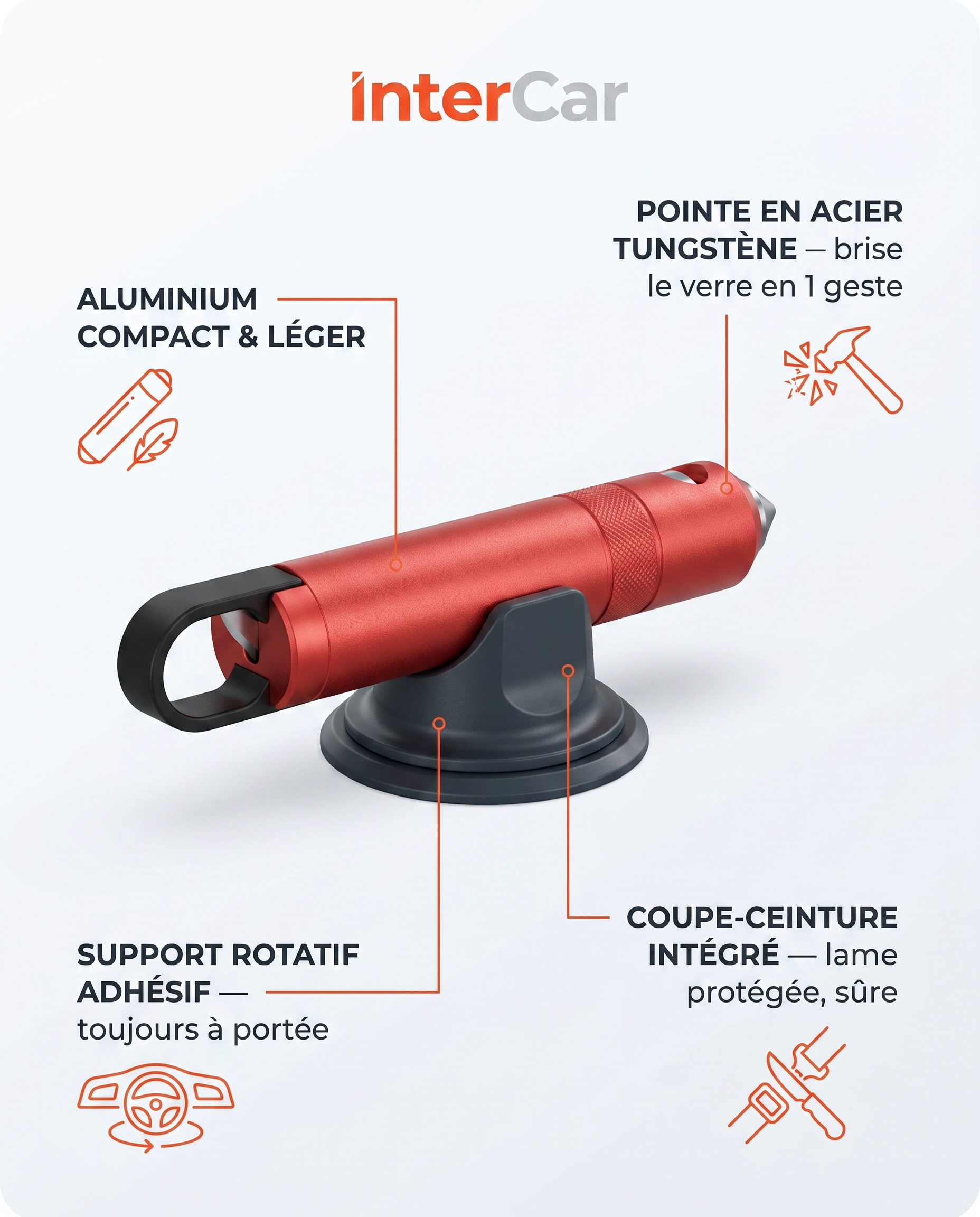 Caracteristiques : pointe acier tungstene, coupe-ceinture integre, support rotatif adhesif, aluminium compact