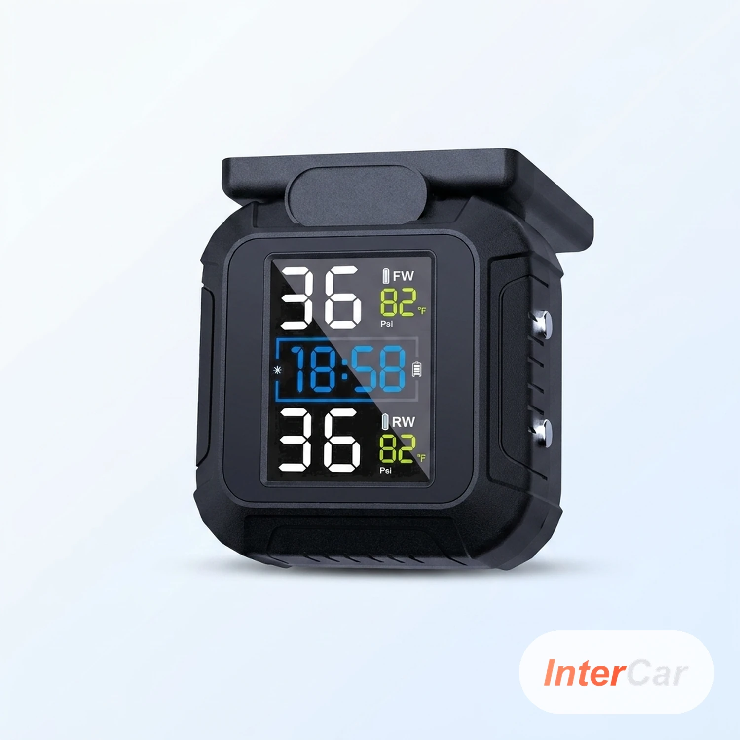 TPMS Moto InterCar — 2 Capteurs Pression Pneus Sans Fil, Écran Solaire Étanche, Alerte Temps Réel