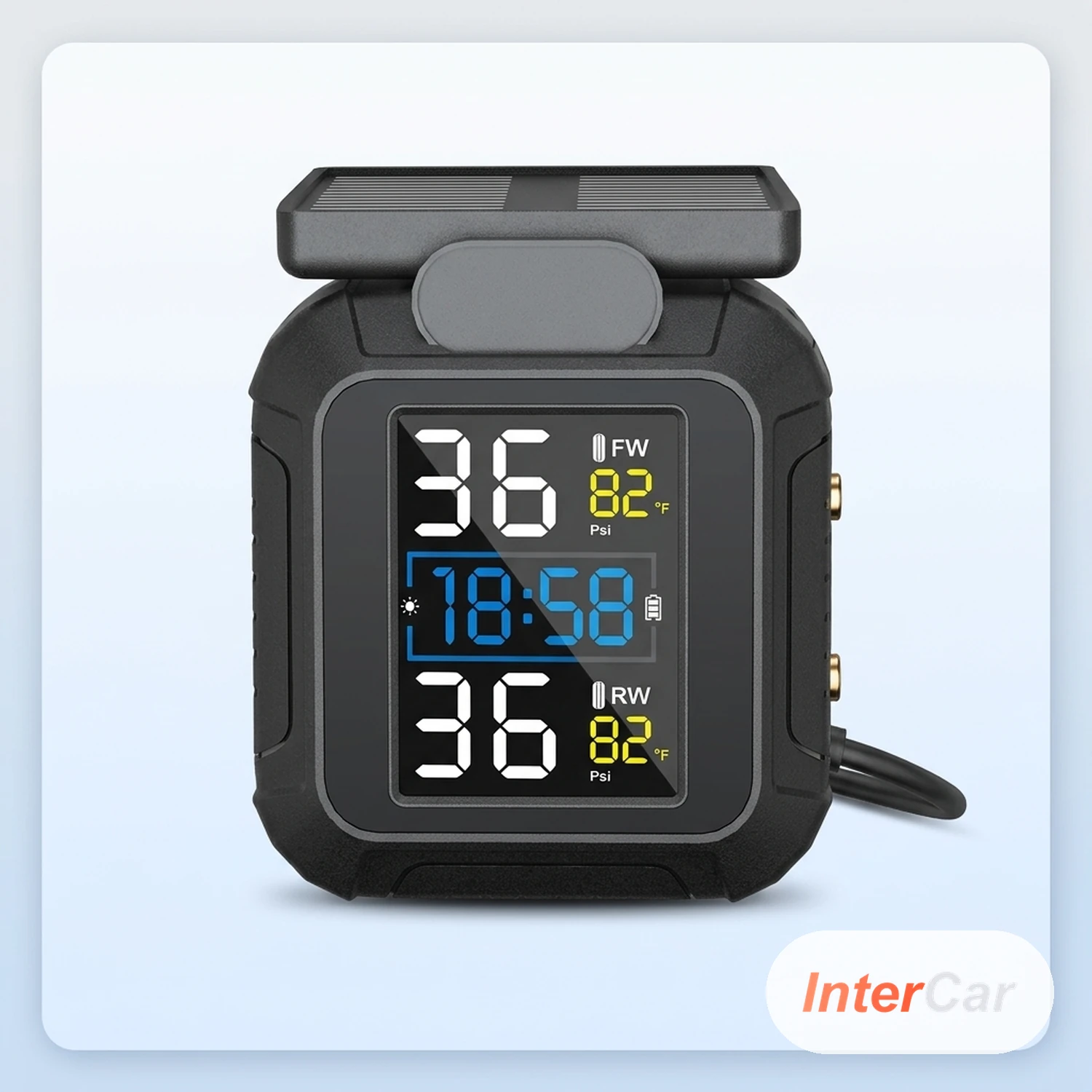 TPMS Moto InterCar — 2 Capteurs Pression Pneus Sans Fil, Écran Solaire Étanche, Alerte Temps Réel